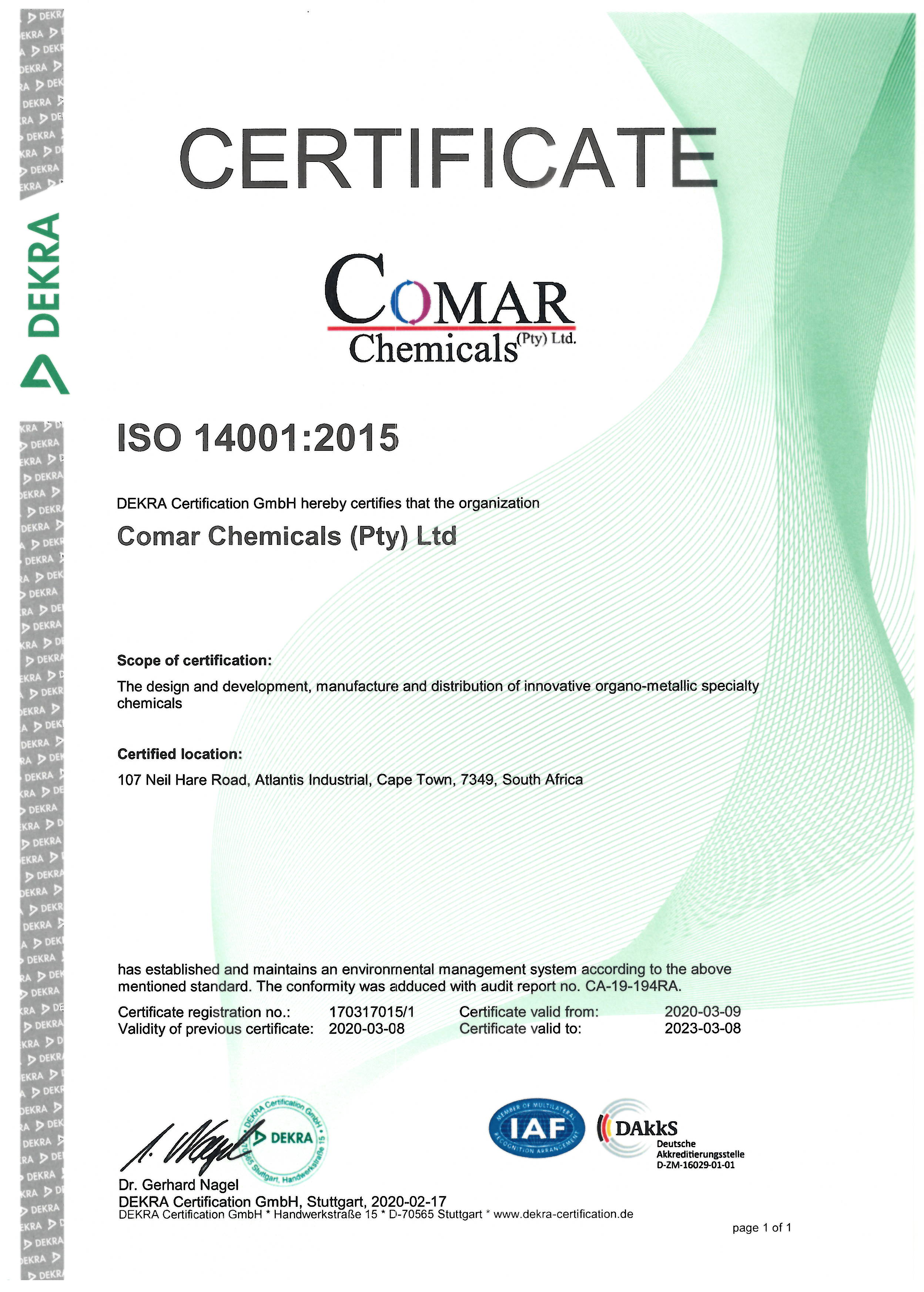 ISO14001 Certificate SA 2020